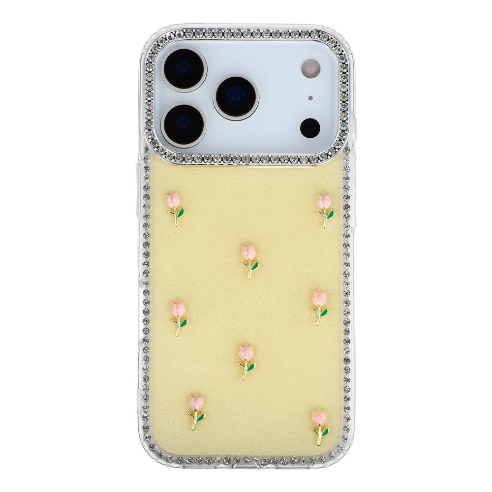 For iPhone 17 Pro Max Case Rhinestone Edge Small Tulips Decor TPU + PC IMD Phone Cover - Glitter Light Yellow
