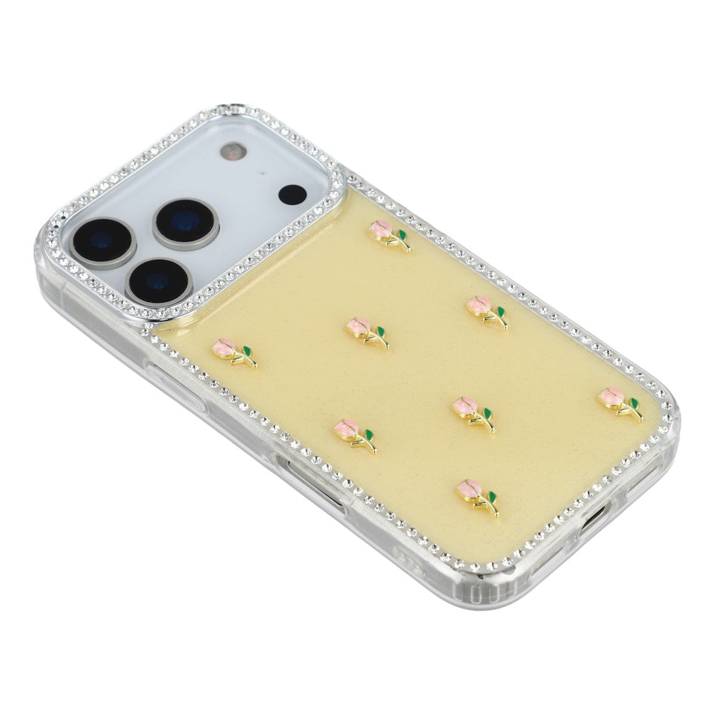 For iPhone 17 Pro Max Case Rhinestone Edge Small Tulips Decor TPU + PC IMD Phone Cover - Glitter Light Yellow