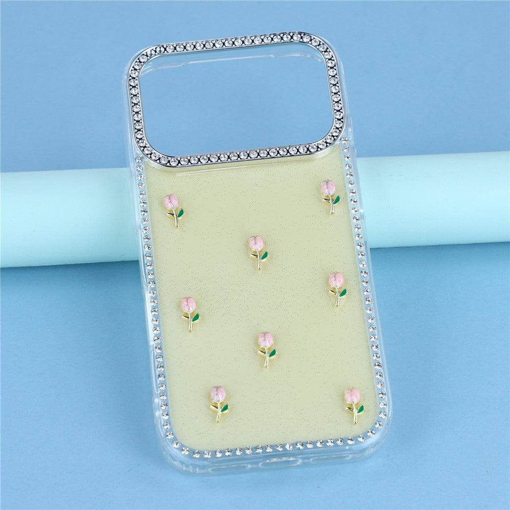 For iPhone 17 Pro Max Case Rhinestone Edge Small Tulips Decor TPU + PC IMD Phone Cover - Glitter Light Yellow