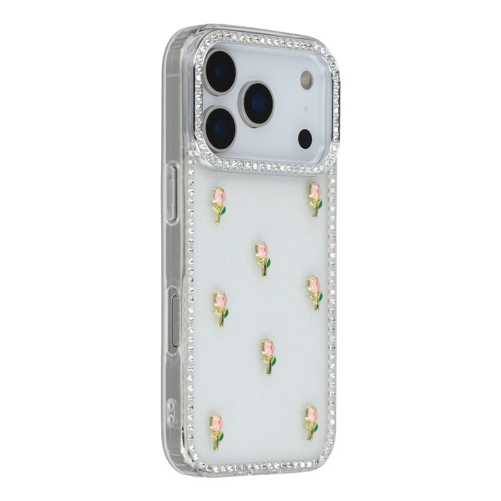 For iPhone 17 Pro Max Case Rhinestone Edge Small Tulips Decor TPU + PC IMD Phone Cover - Glitter Transparent