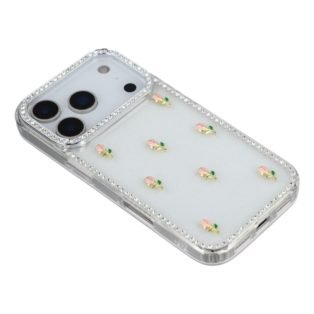For iPhone 17 Pro Max Case Rhinestone Edge Small Tulips Decor TPU + PC IMD Phone Cover - Glitter Transparent