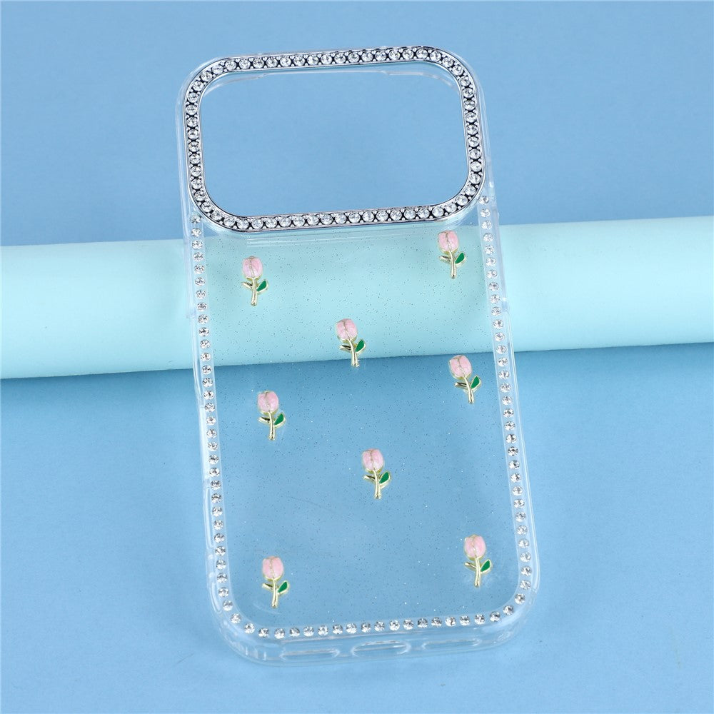 For iPhone 17 Pro Max Case Rhinestone Edge Small Tulips Decor TPU + PC IMD Phone Cover - Glitter Transparent