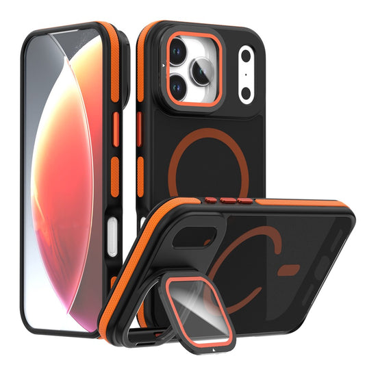 For iPhone 17 Pro Max Magnetic Case Skin-Touch TPU Acrylic Phone Back Cover with Lens Protector Kickstand - Orange