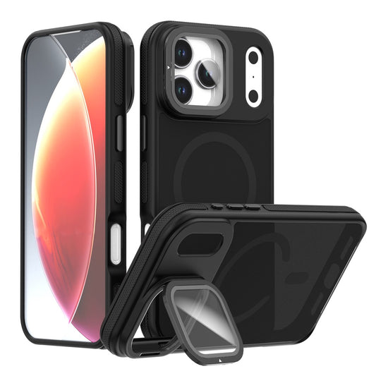 For iPhone 17 Pro Max Magnetic Case Skin-Touch TPU Acrylic Phone Back Cover with Lens Protector Kickstand - Black