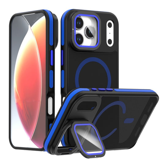 For iPhone 17 Pro Max Magnetic Case Skin-Touch TPU Acrylic Phone Back Cover with Lens Protector Kickstand - Blue