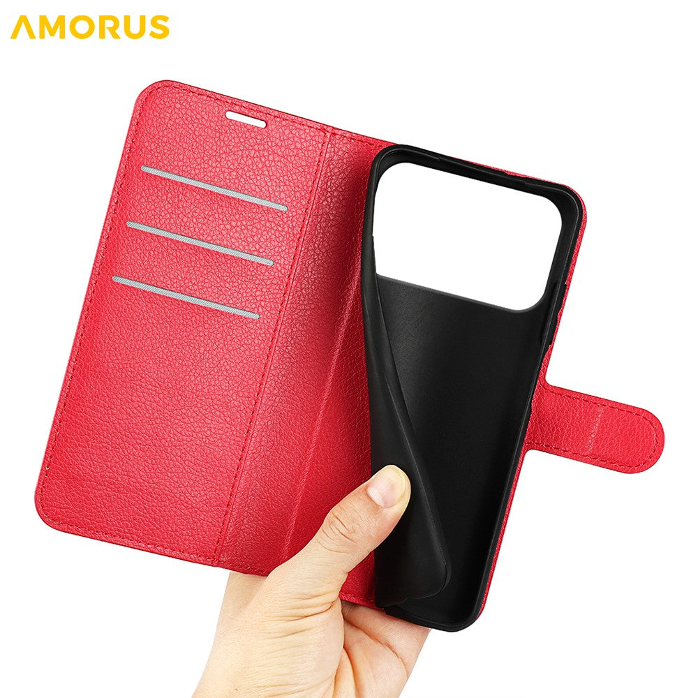AMORUS For iPhone 17 Pro Max Wallet Case Litchi Texture Shockproof Leather Flip Stand Phone Cover - Red