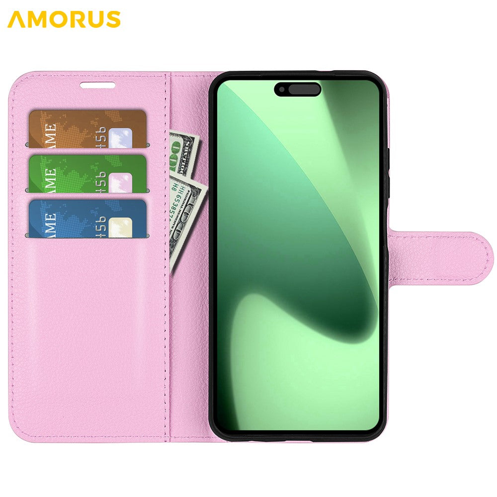AMORUS For iPhone 17 Pro Max Wallet Case Litchi Texture Shockproof Leather Flip Stand Phone Cover - Pink