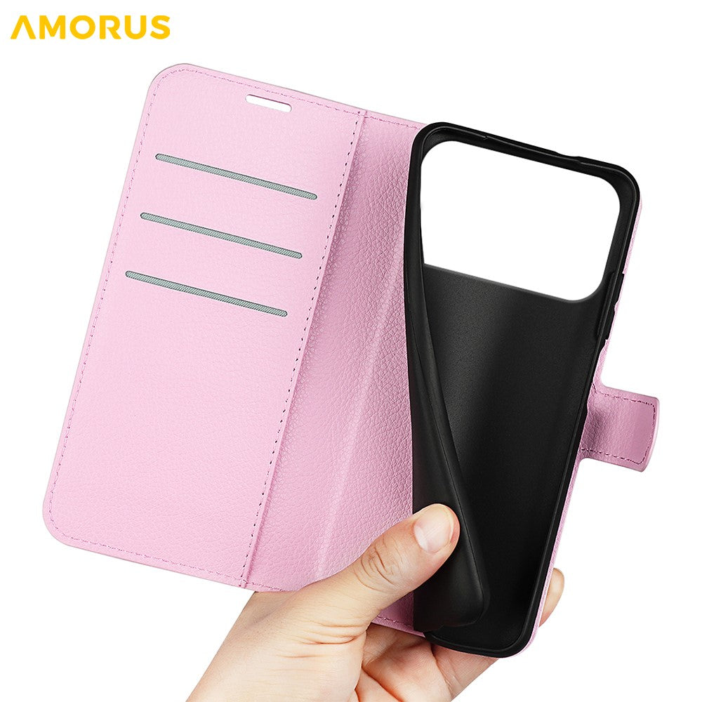 AMORUS For iPhone 17 Pro Max Wallet Case Litchi Texture Shockproof Leather Flip Stand Phone Cover - Pink