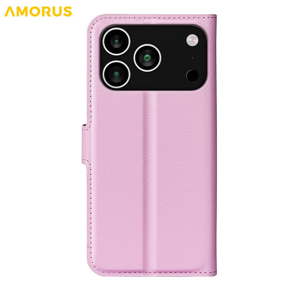 AMORUS For iPhone 17 Pro Max Wallet Case Litchi Texture Shockproof Leather Flip Stand Phone Cover - Pink