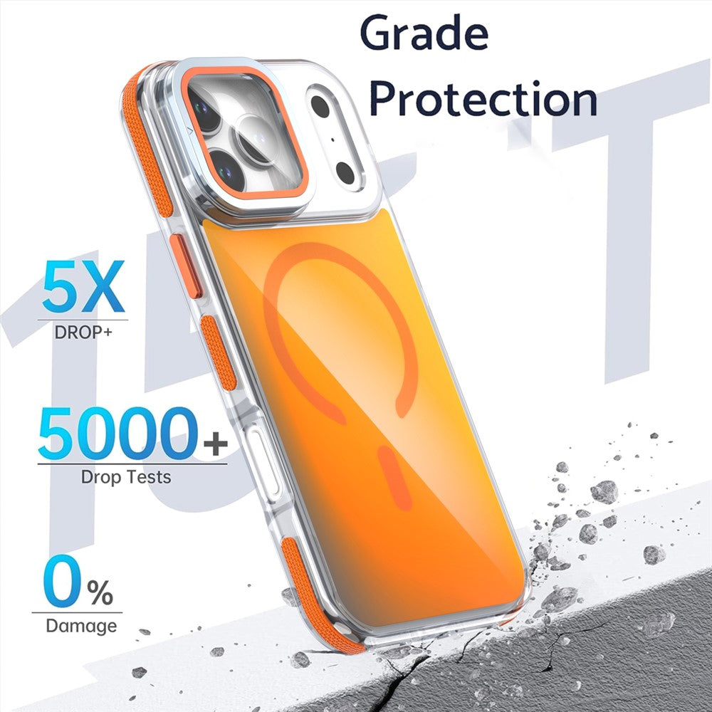 For iPhone 17 Pro Max Magnetic Case TPU Acrylic Phone Back Cover with Lens Film and Kickstand - Orange