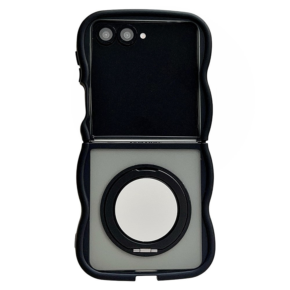 For Samsung Galaxy Z Flip7 5G Magnetic Case Mirror Rotating Kickstand Wave Edge TPU + PC Phone Cover - Black