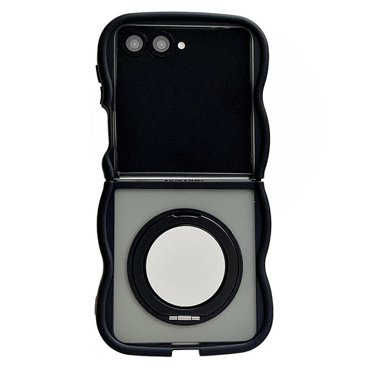 For Samsung Galaxy Z Flip7 5G Magnetic Case Mirror Rotating Kickstand Wave Edge TPU + PC Phone Cover - Black