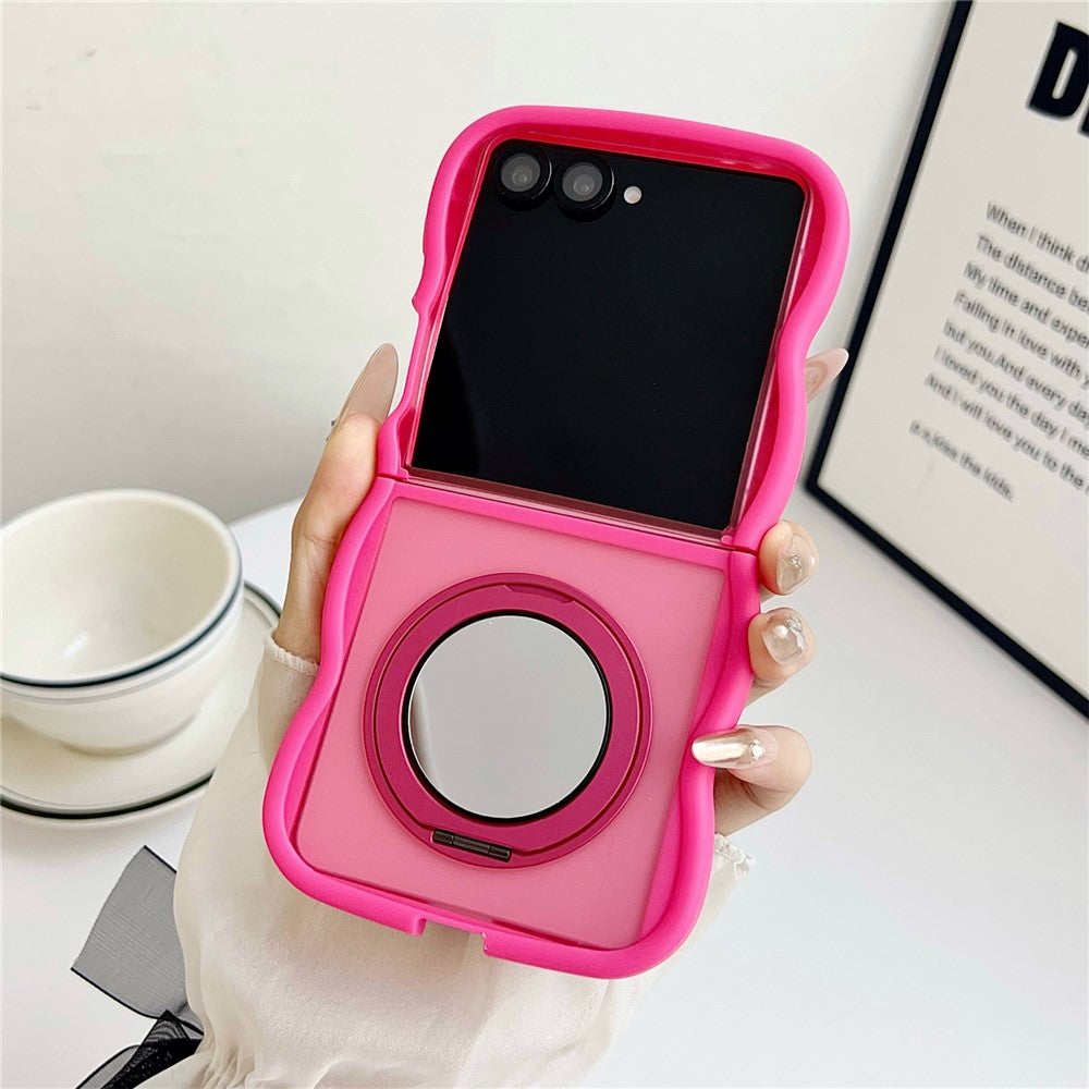 For Samsung Galaxy Z Flip7 5G Magnetic Case Mirror Rotating Kickstand Wave Edge TPU + PC Phone Cover - Rose