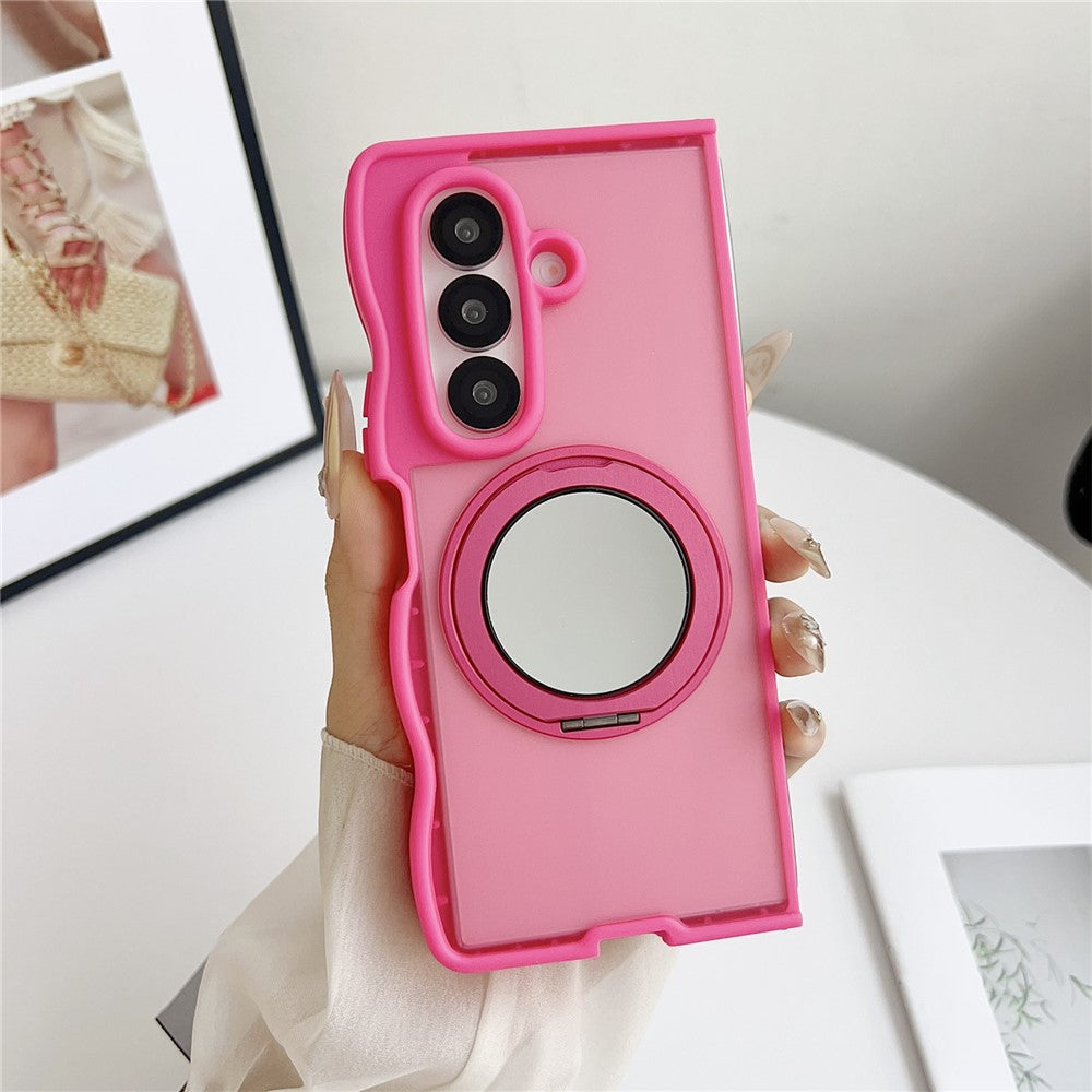 For Samsung Galaxy Z Fold7 5G Magnetic Case Mirror Rotating Kickstand Wave Edge TPU + PC Phone Cover - Rose