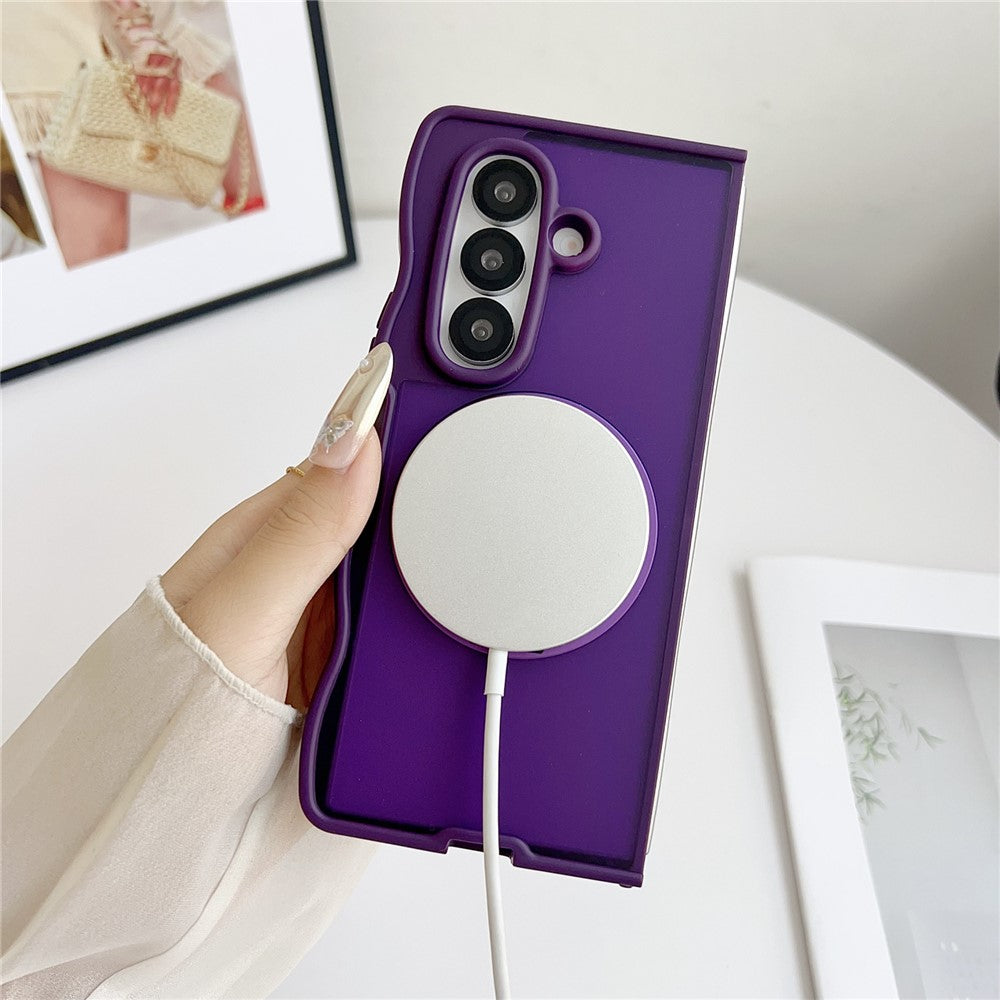 For Samsung Galaxy Z Fold7 5G Magnetic Case Mirror Rotating Kickstand Wave Edge TPU + PC Phone Cover - Rose