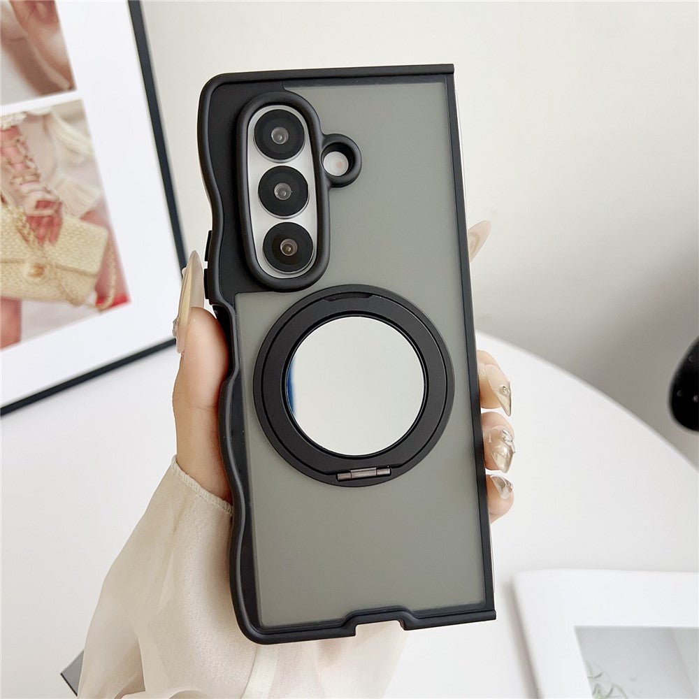 For Samsung Galaxy Z Fold7 5G Magnetic Case Mirror Rotating Kickstand Wave Edge TPU + PC Phone Cover - Black