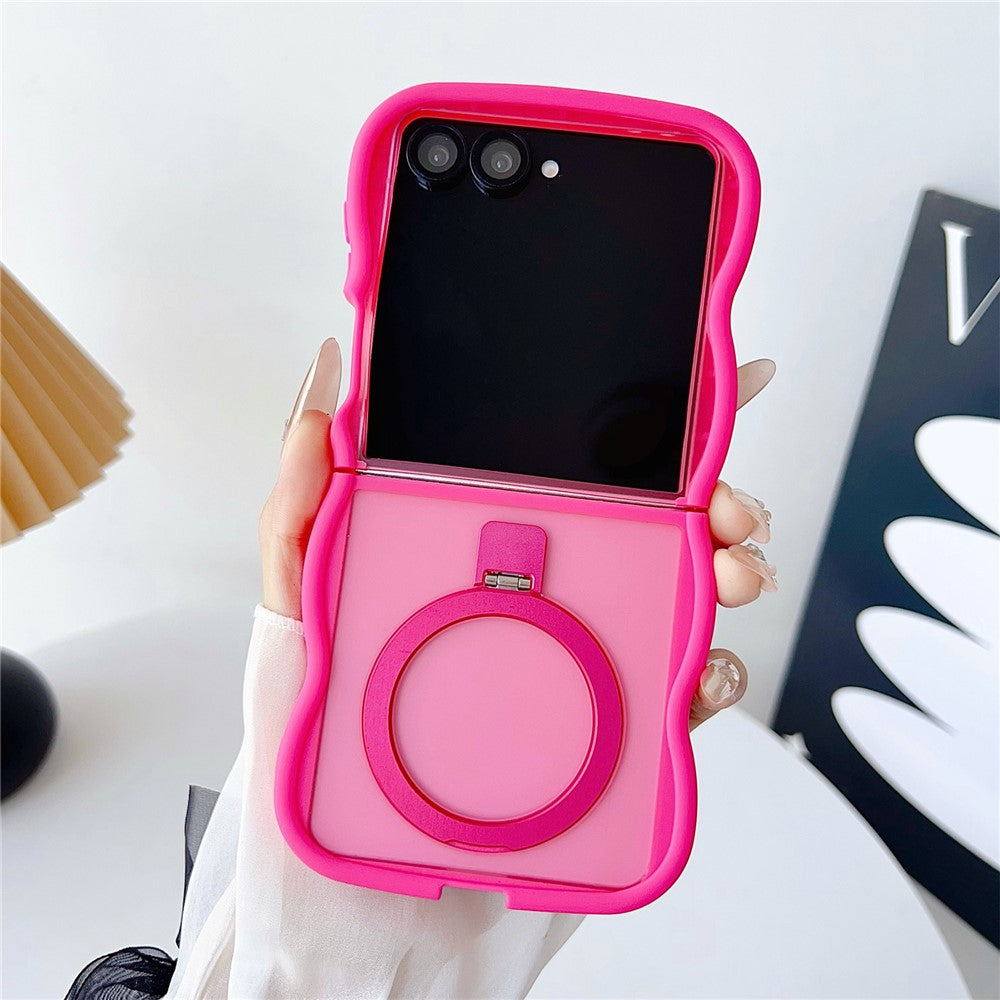 For Samsung Galaxy Z Flip7 5G Magnetic Case Kickstand Skin-Touch Wave Edge TPU + PC Phone Cover - Rose
