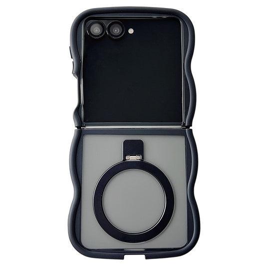For Samsung Galaxy Z Flip7 5G Magnetic Case Kickstand Skin-Touch Wave Edge TPU + PC Phone Cover - Black