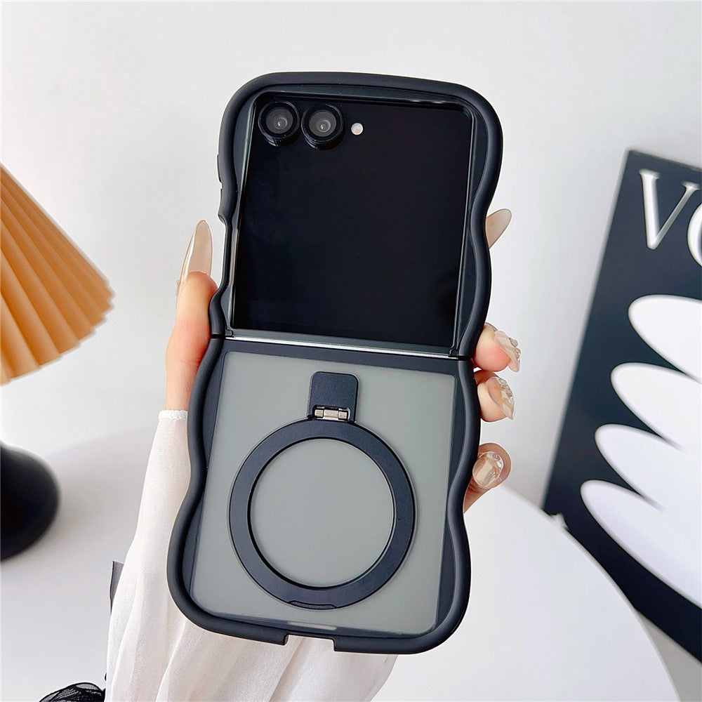 For Samsung Galaxy Z Flip7 5G Magnetic Case Kickstand Skin-Touch Wave Edge TPU + PC Phone Cover - Black