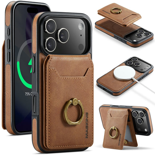 MAGKING K1 Series For iPhone 17 Pro Max Magnetic Case PC + TPU + PU Phone Cover with Card Holder - Brown