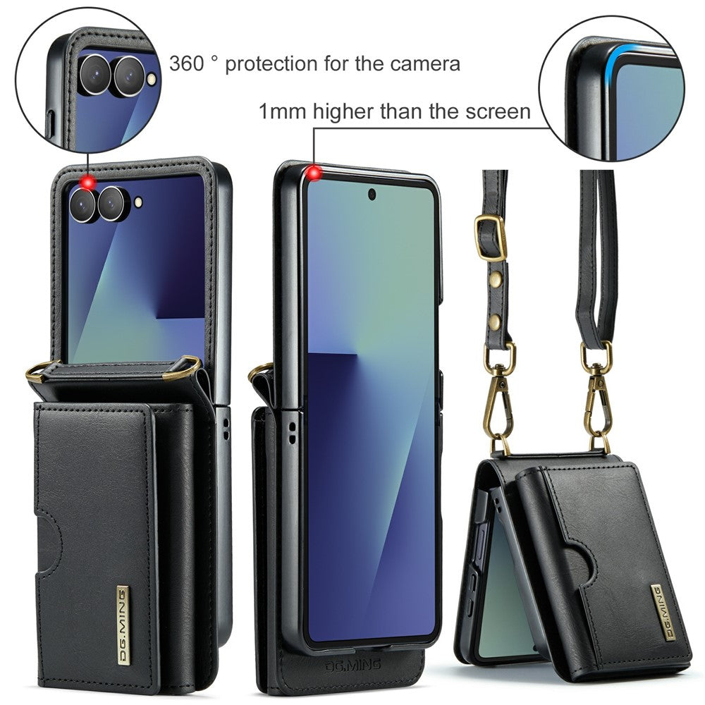 DG.MING M6 Series For Samsung Galaxy Z Flip7 5G Foldable Case PU + PC Phone Cover with Wallet  /  Shoulder Strap - Black