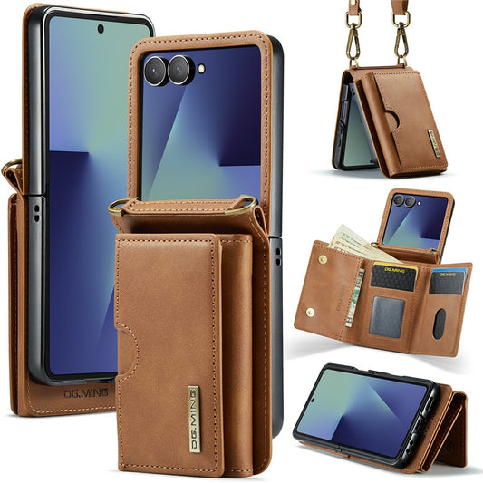 DG.MING M6 Series For Samsung Galaxy Z Flip7 5G Foldable Case PU + PC Phone Cover with Wallet  /  Shoulder Strap - Brown