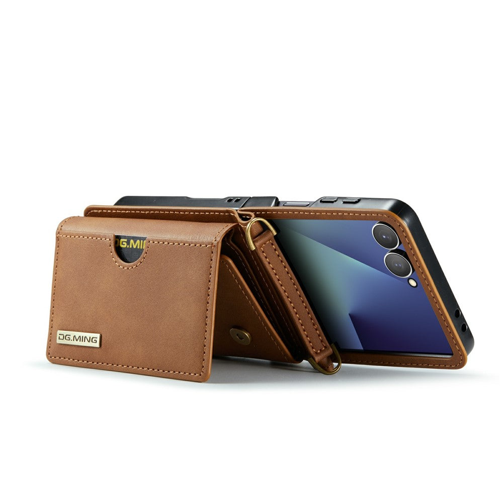 DG.MING M6 Series For Samsung Galaxy Z Flip7 5G Foldable Case PU + PC Phone Cover with Wallet  /  Shoulder Strap - Brown