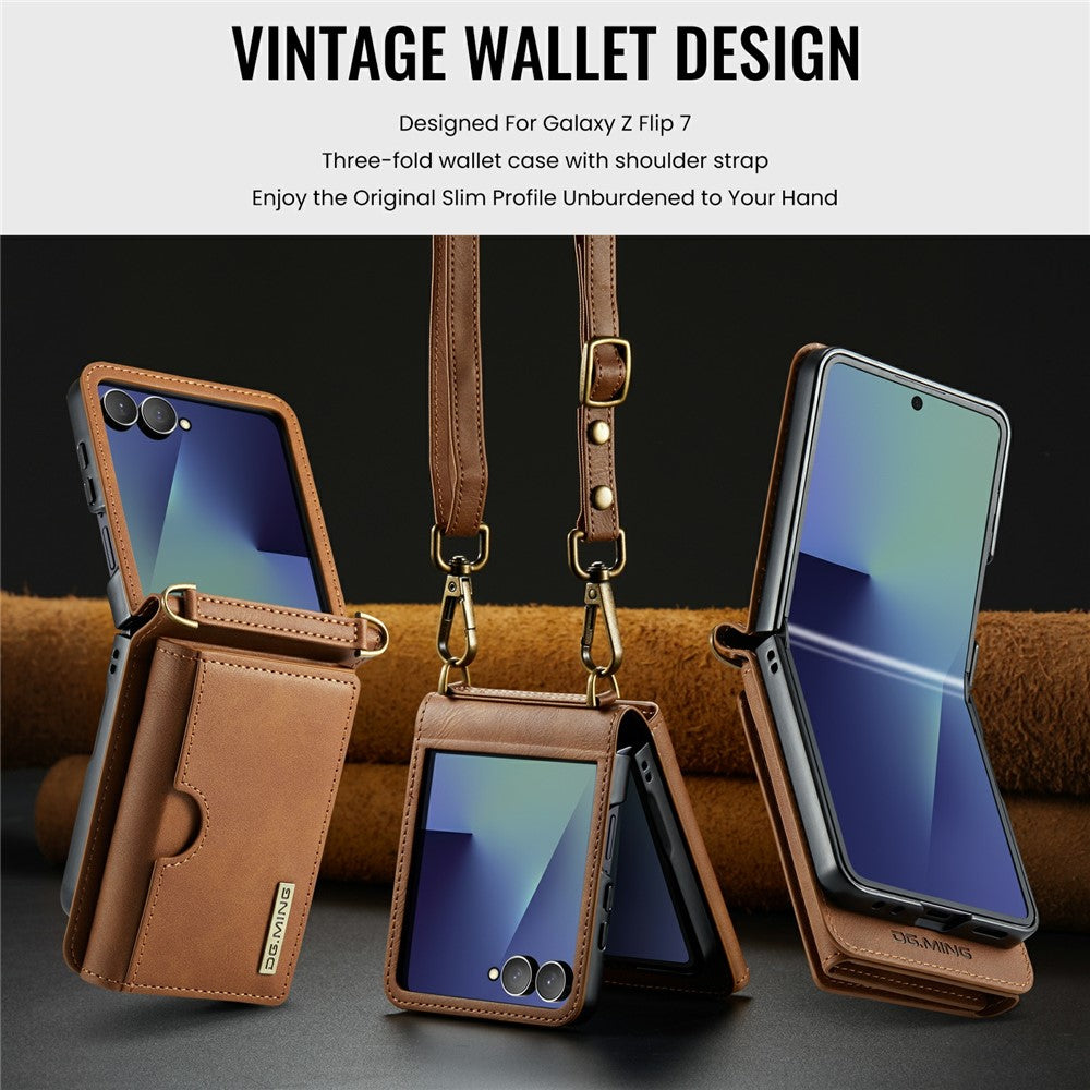 DG.MING M6 Series For Samsung Galaxy Z Flip7 5G Foldable Case PU + PC Phone Cover with Wallet  /  Shoulder Strap - Brown