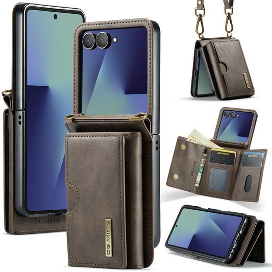 DG.MING M6 Series For Samsung Galaxy Z Flip7 5G Foldable Case PU + PC Phone Cover with Wallet  /  Shoulder Strap - Coffee