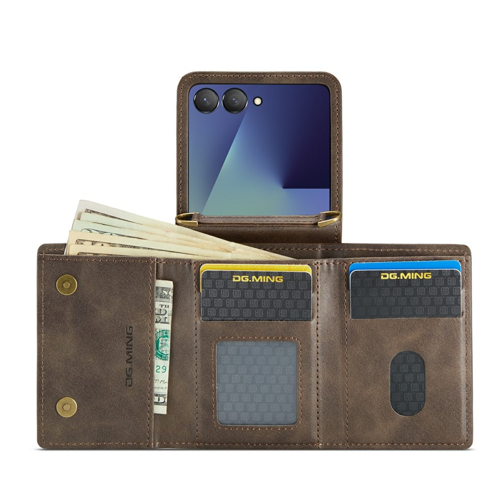 DG.MING M6 Series For Samsung Galaxy Z Flip7 5G Foldable Case PU + PC Phone Cover with Wallet  /  Shoulder Strap - Coffee