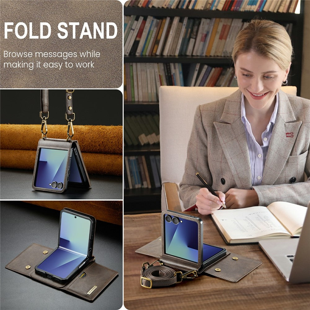 DG.MING M6 Series For Samsung Galaxy Z Flip7 5G Foldable Case PU + PC Phone Cover with Wallet  /  Shoulder Strap - Coffee