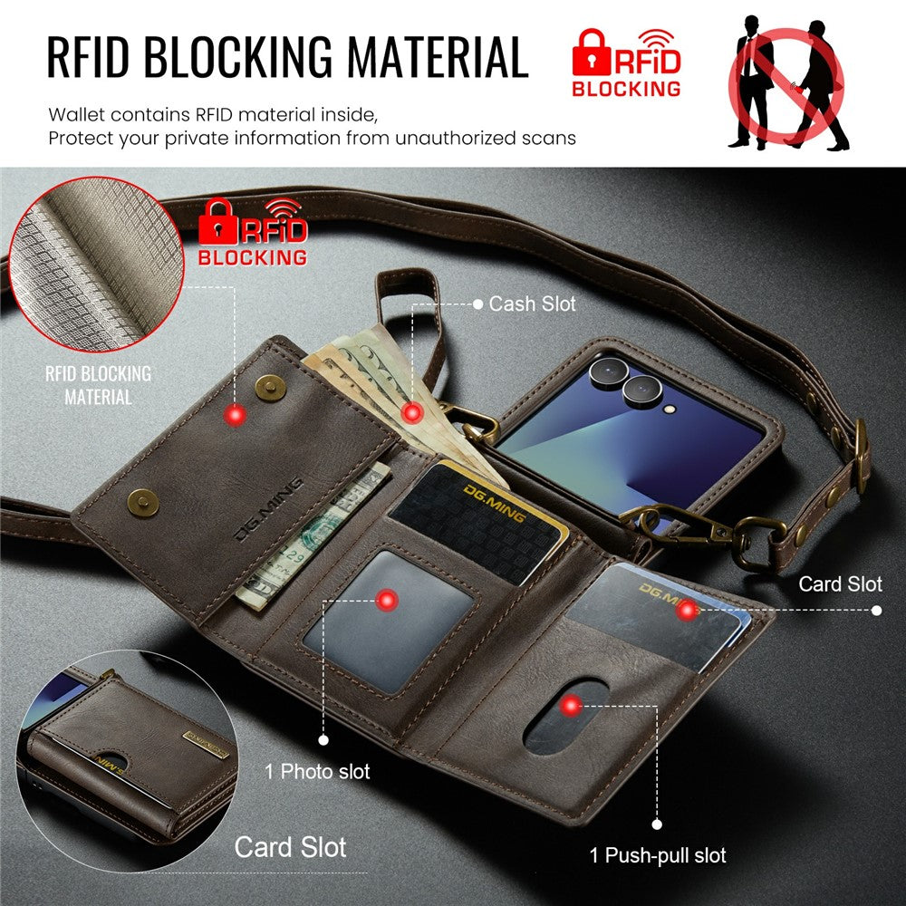 DG.MING M6 Series For Samsung Galaxy Z Flip7 5G Foldable Case PU + PC Phone Cover with Wallet  /  Shoulder Strap - Coffee
