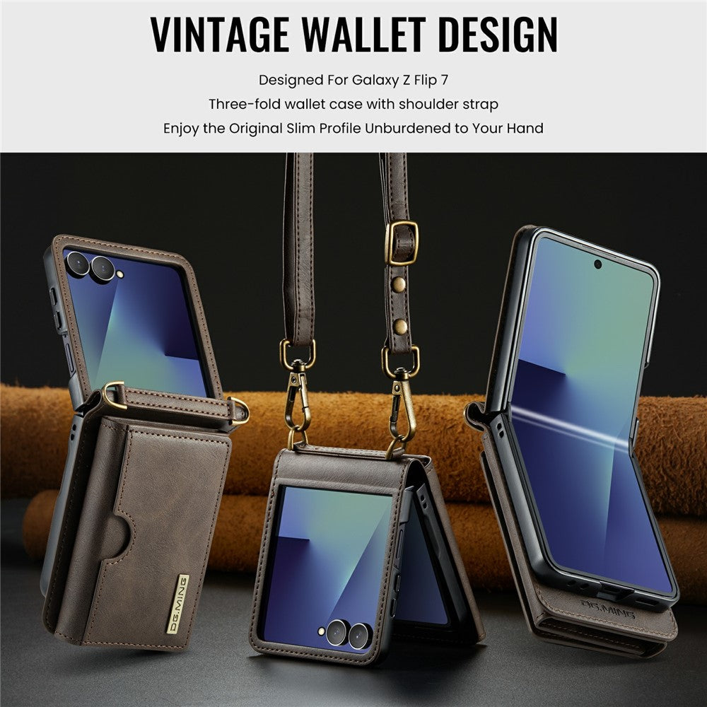 DG.MING M6 Series For Samsung Galaxy Z Flip7 5G Foldable Case PU + PC Phone Cover with Wallet  /  Shoulder Strap - Coffee