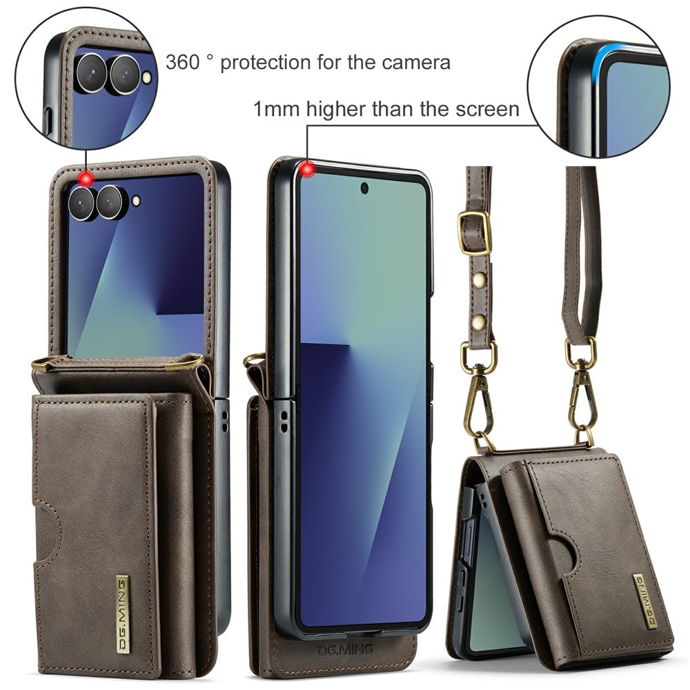 DG.MING M6 Series For Samsung Galaxy Z Flip7 5G Foldable Case PU + PC Phone Cover with Wallet  /  Shoulder Strap - Coffee