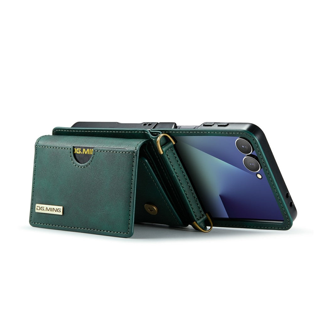 DG.MING M6 Series For Samsung Galaxy Z Flip7 5G Foldable Case PU + PC Phone Cover with Wallet  /  Shoulder Strap - Green