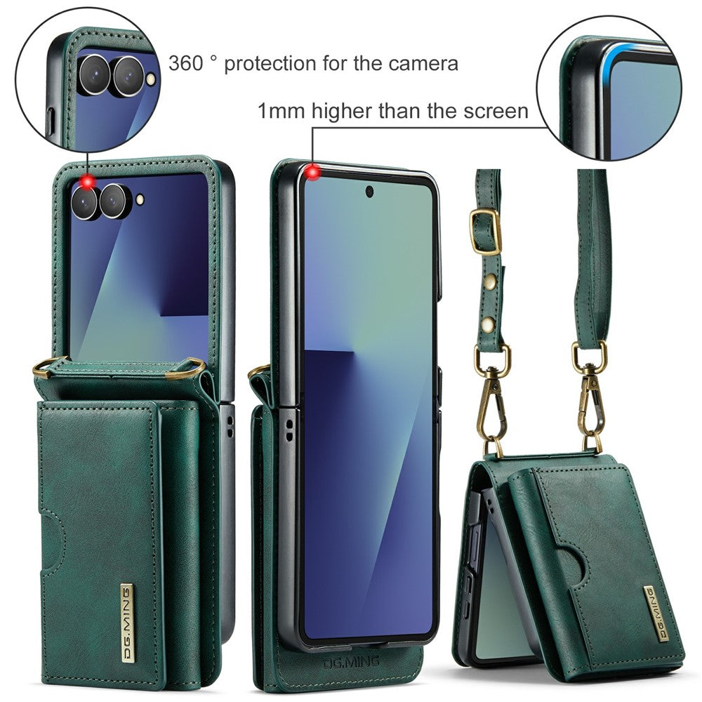 DG.MING M6 Series For Samsung Galaxy Z Flip7 5G Foldable Case PU + PC Phone Cover with Wallet  /  Shoulder Strap - Green