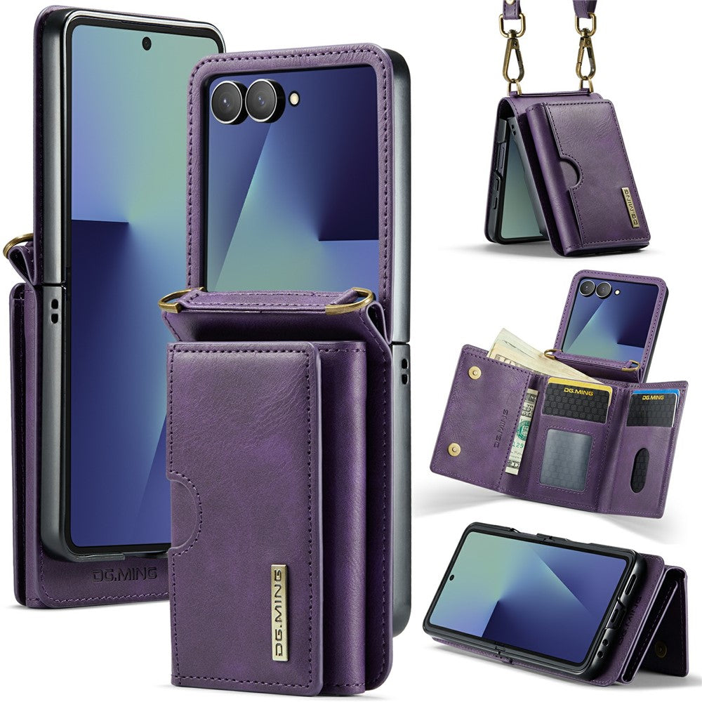 DG.MING M6 Series For Samsung Galaxy Z Flip7 5G Foldable Case PU + PC Phone Cover with Wallet  /  Shoulder Strap - Purple