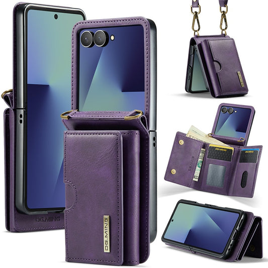 DG.MING M6 Series For Samsung Galaxy Z Flip7 5G Foldable Case PU + PC Phone Cover with Wallet  /  Shoulder Strap - Purple
