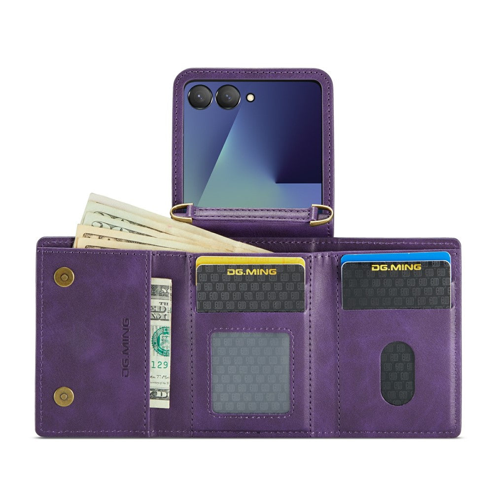 DG.MING M6 Series For Samsung Galaxy Z Flip7 5G Foldable Case PU + PC Phone Cover with Wallet  /  Shoulder Strap - Purple