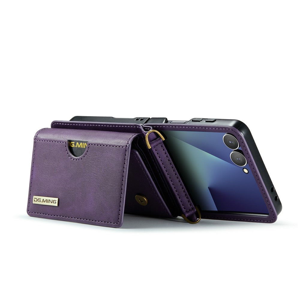 DG.MING M6 Series For Samsung Galaxy Z Flip7 5G Foldable Case PU + PC Phone Cover with Wallet  /  Shoulder Strap - Purple