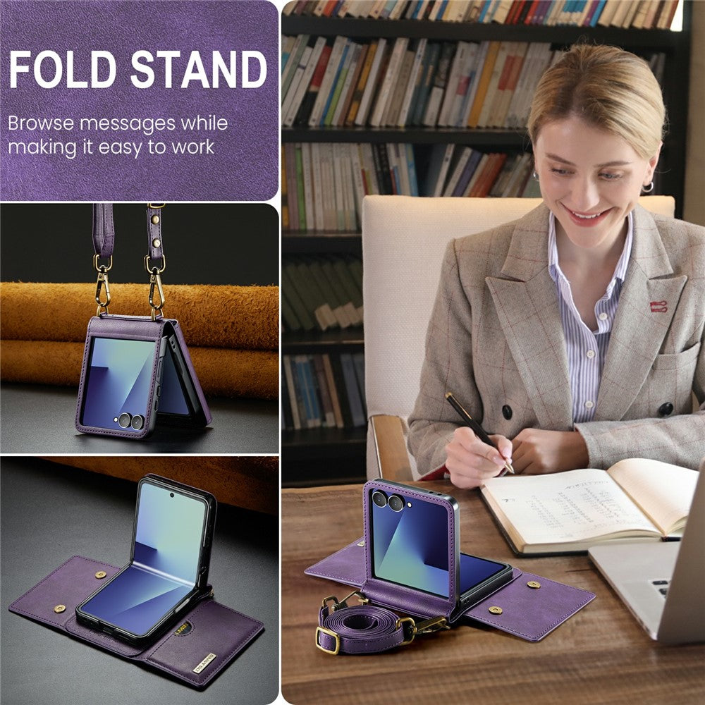 DG.MING M6 Series For Samsung Galaxy Z Flip7 5G Foldable Case PU + PC Phone Cover with Wallet  /  Shoulder Strap - Purple