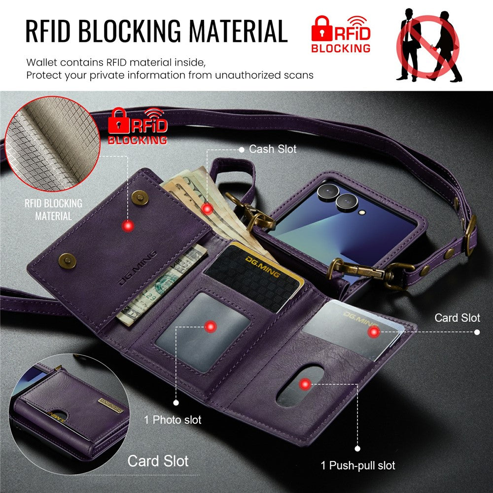 DG.MING M6 Series For Samsung Galaxy Z Flip7 5G Foldable Case PU + PC Phone Cover with Wallet  /  Shoulder Strap - Purple