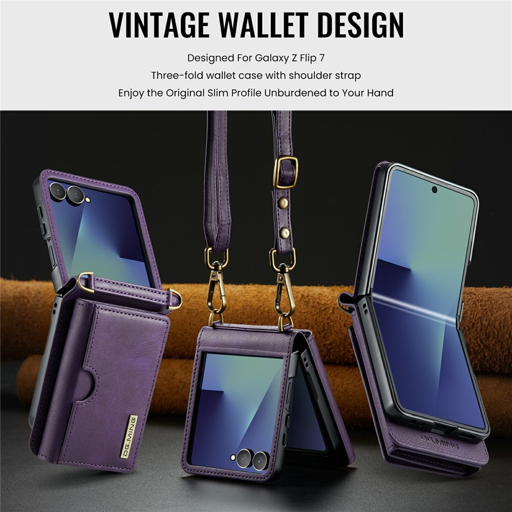 DG.MING M6 Series For Samsung Galaxy Z Flip7 5G Foldable Case PU + PC Phone Cover with Wallet  /  Shoulder Strap - Purple