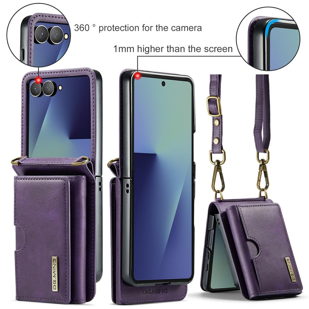 DG.MING M6 Series For Samsung Galaxy Z Flip7 5G Foldable Case PU + PC Phone Cover with Wallet  /  Shoulder Strap - Purple
