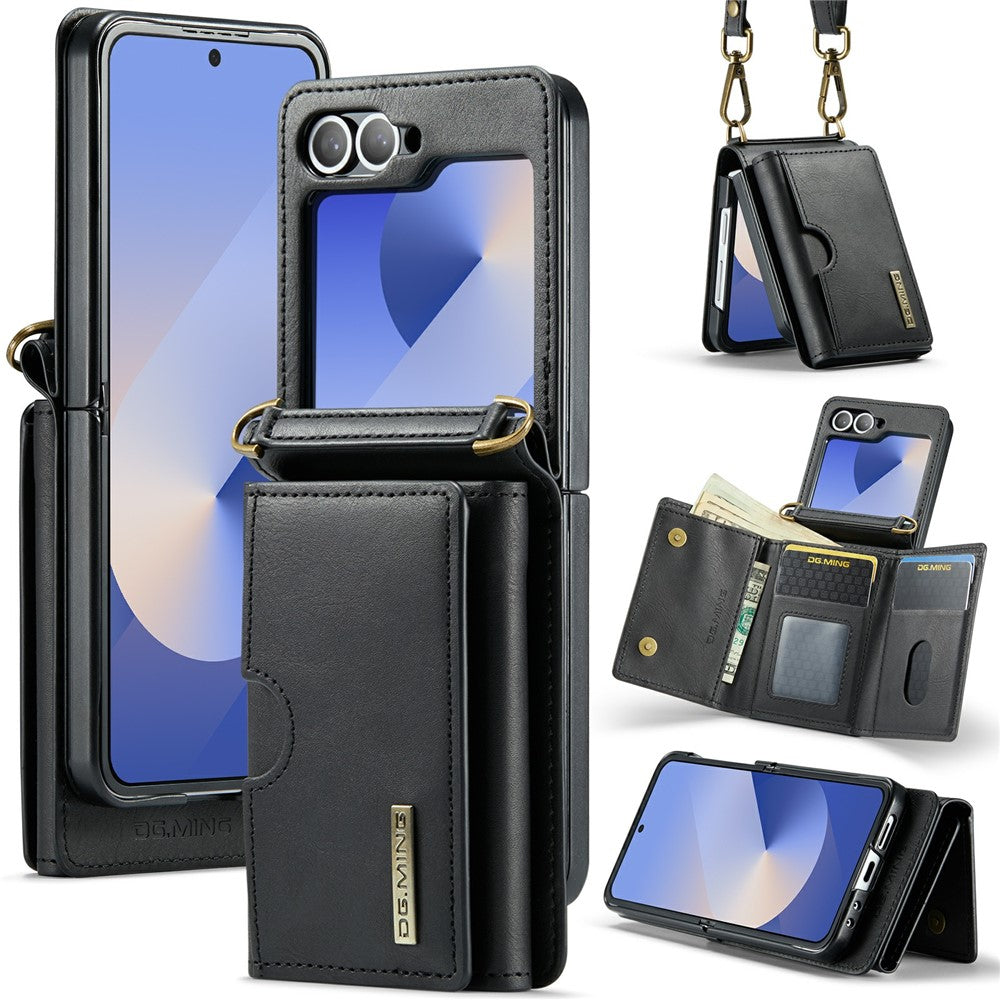 DG.MING M6 Series For Samsung Galaxy Z Flip6 5G  /  Z Flip7 FE 5G Foldable Case PU + PC Phone Cover with Wallet  /  Shoulder Strap - Black