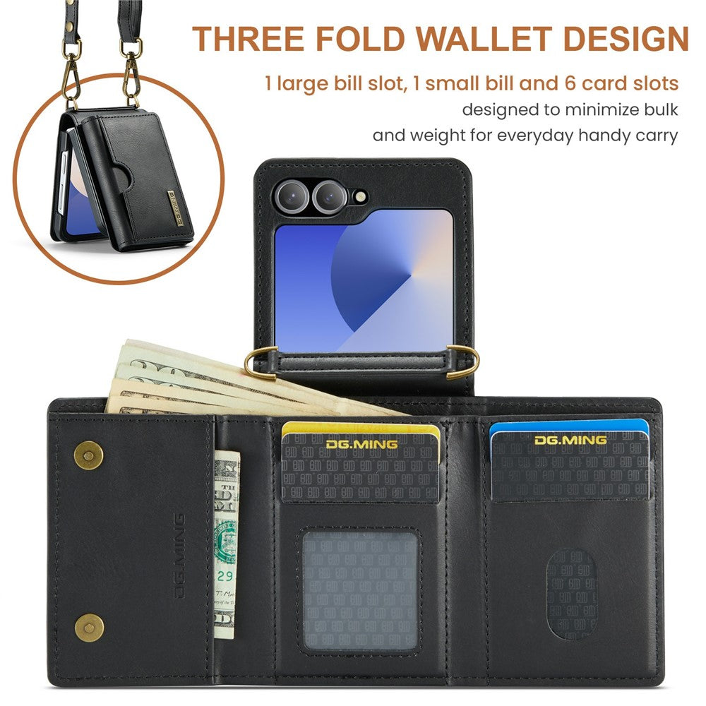 DG.MING M6 Series For Samsung Galaxy Z Flip6 5G  /  Z Flip7 FE 5G Foldable Case PU + PC Phone Cover with Wallet  /  Shoulder Strap - Black