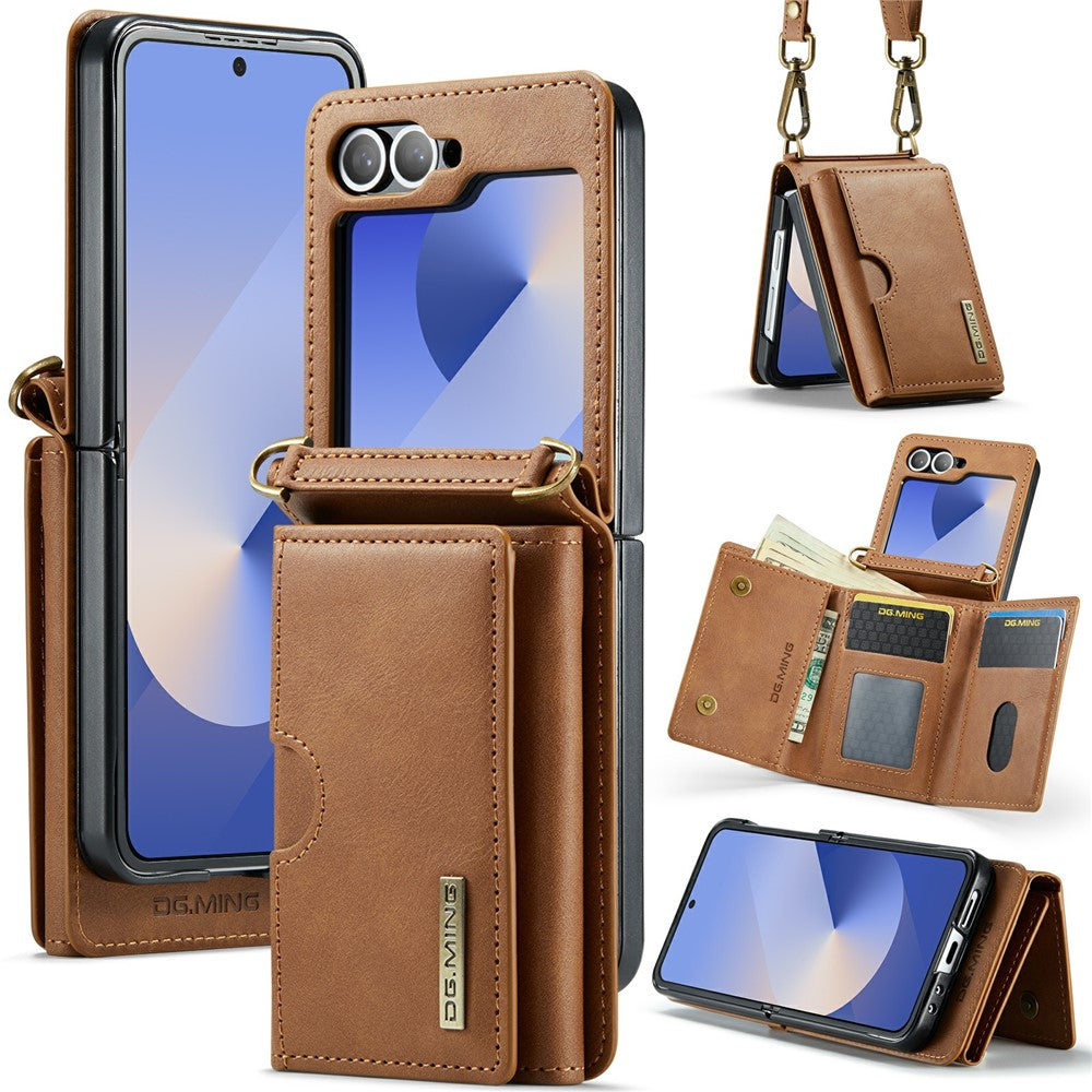 DG.MING M6 Series For Samsung Galaxy Z Flip6 5G  /  Z Flip7 FE 5G Foldable Case PU + PC Phone Cover with Wallet  /  Shoulder Strap - Brown