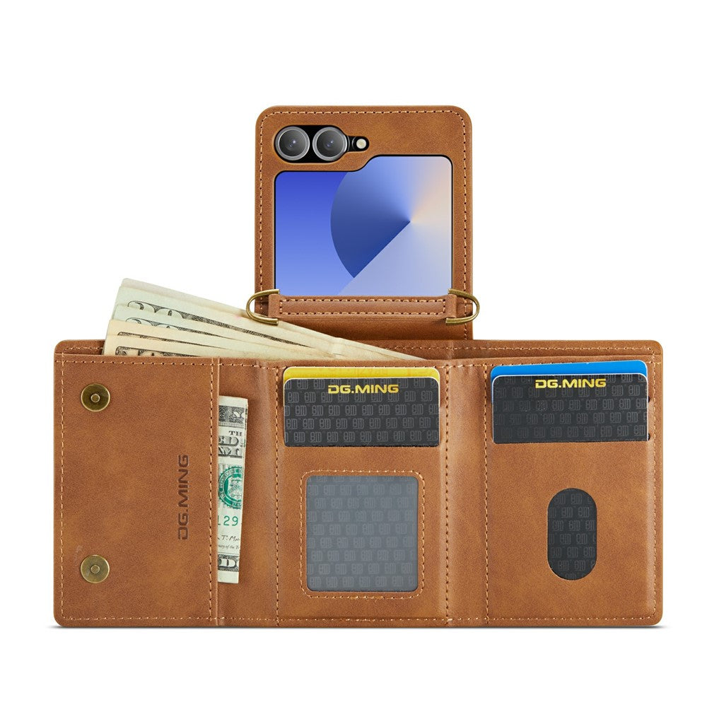 DG.MING M6 Series For Samsung Galaxy Z Flip6 5G  /  Z Flip7 FE 5G Foldable Case PU + PC Phone Cover with Wallet  /  Shoulder Strap - Brown