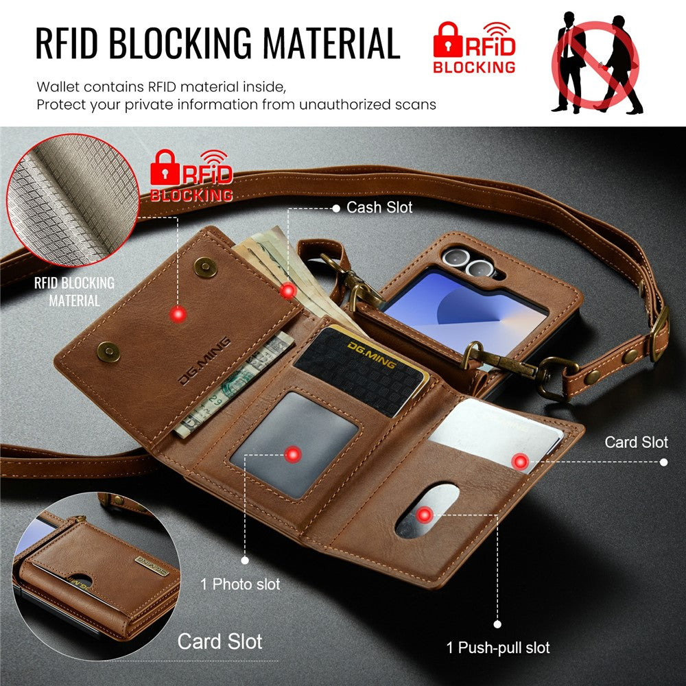 DG.MING M6 Series For Samsung Galaxy Z Flip6 5G  /  Z Flip7 FE 5G Foldable Case PU + PC Phone Cover with Wallet  /  Shoulder Strap - Brown