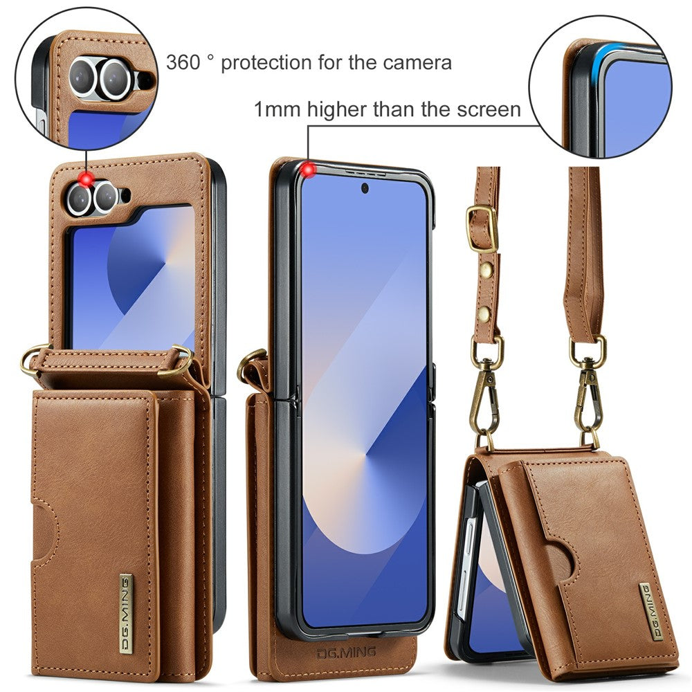 DG.MING M6 Series For Samsung Galaxy Z Flip6 5G  /  Z Flip7 FE 5G Foldable Case PU + PC Phone Cover with Wallet  /  Shoulder Strap - Brown